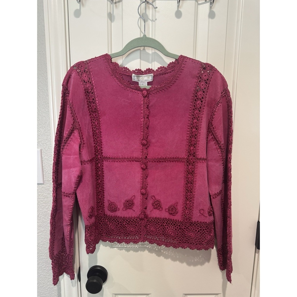Vintage Pink Suede Leather Jacket FLAW Large Patchwork Crochet